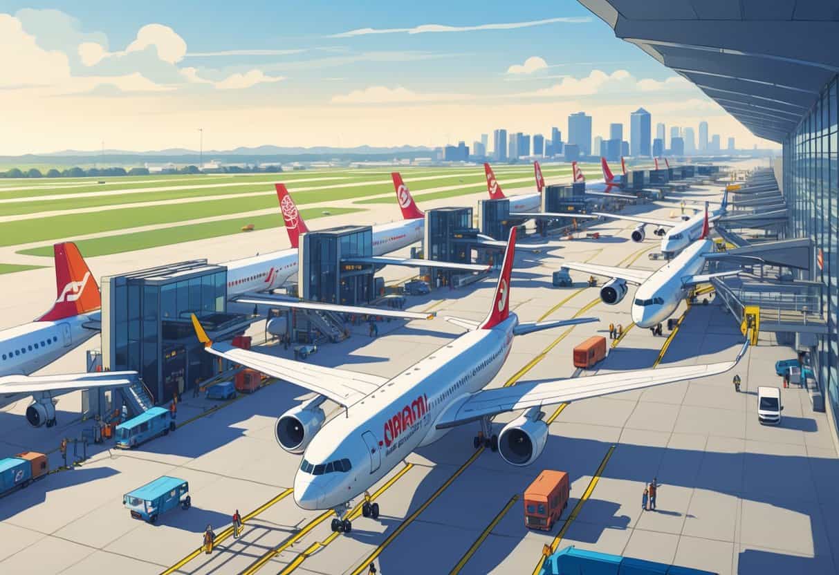 A busy Cincinnati airport terminal with airplanes from major airlines parked at gates, staff assisting passengers, and the city skyline visible in the background.