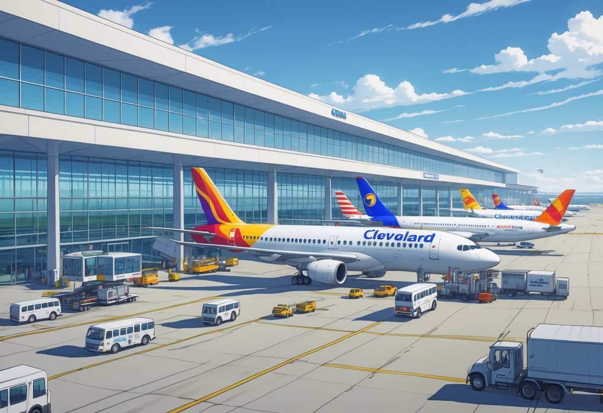 A busy airport scene showing airplanes from various major airlines parked and taxiing near a modern terminal at Cleveland Hopkins International Airport with city buildings in the background.