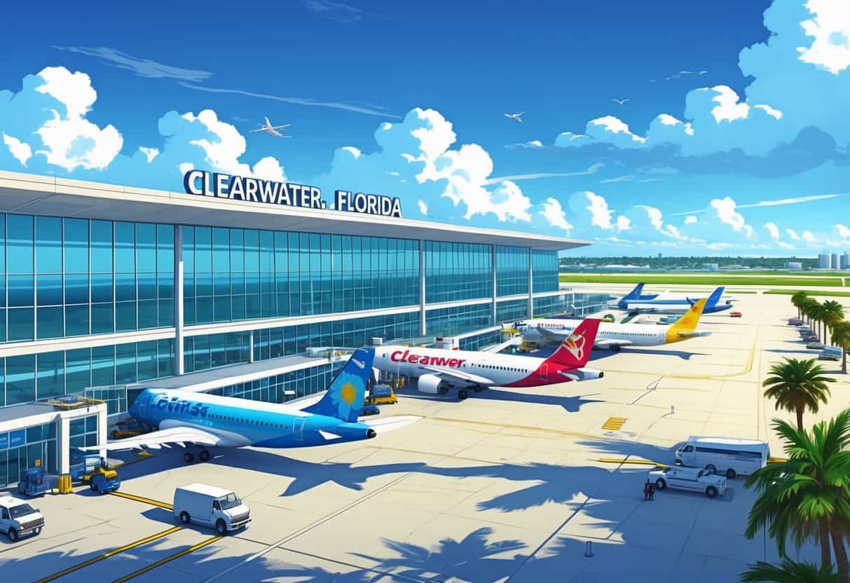 An airport terminal in Clearwater, Florida with several airplanes from different airlines parked and taxiing, palm trees nearby, and a sunny coastal background.