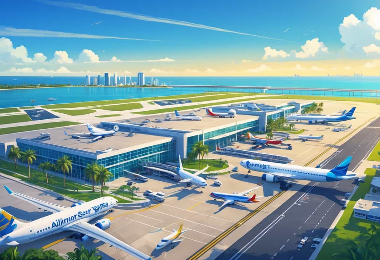 An airport scene showing several airplanes from different airlines on the runway and near the terminal, with palm trees and a city skyline in the background.