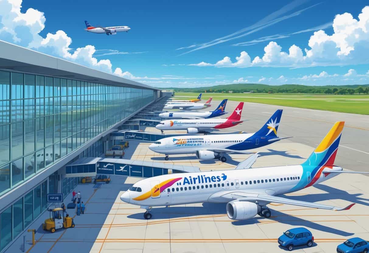 An airport terminal at College Station, Texas with several colorful airplanes parked at gates under a clear sky, showing a busy and welcoming airport environment.