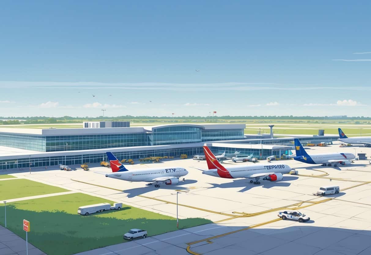 An airport terminal at College Station, Texas with several airplanes on the tarmac, some taxiing and others parked, under a clear sky with a Texas landscape in the background.