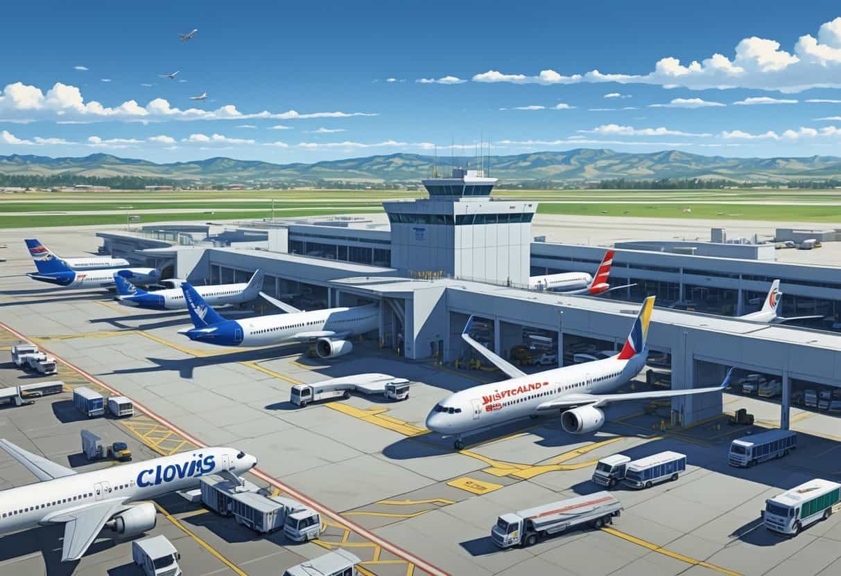 A regional airport terminal with several airplanes from different airlines parked at gates, a control tower, ground service vehicles, and hills in the background.