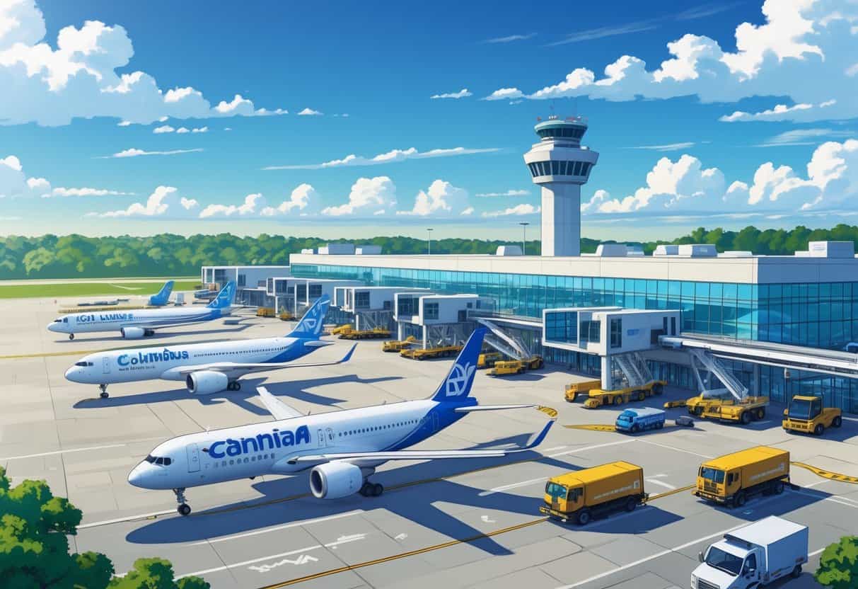An airport with airplanes parked at gates, a terminal building, control tower, and ground vehicles under a clear sky.