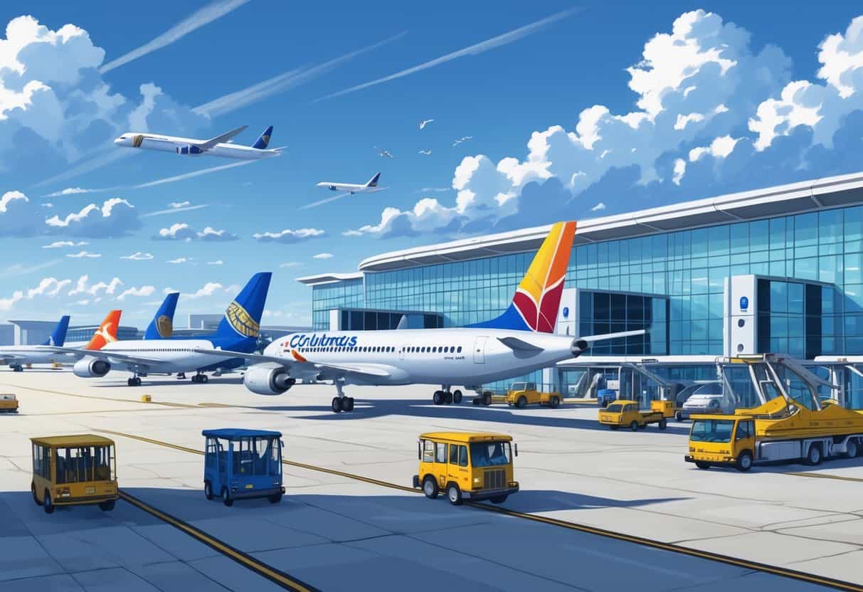 A busy airport scene showing several commercial airplanes from different airlines at Columbus, Georgia Airport with the terminal and ground vehicles in view.
