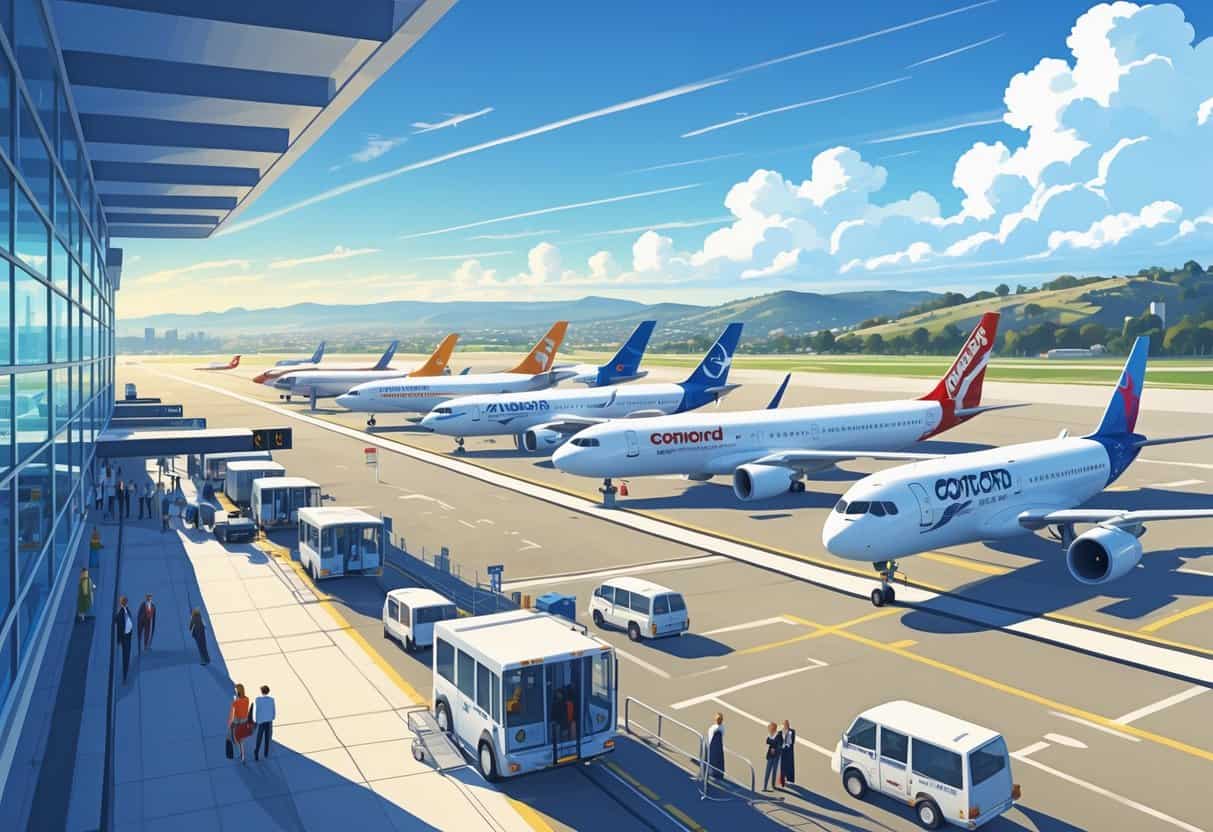 A busy airport at Concord, California with airplanes parked at gates, passengers walking, and airport staff working under a clear sky.