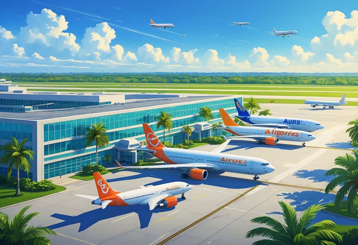 An airport scene showing several airplanes parked at gates and taxiing on the runway with palm trees and a sunny sky in the background.