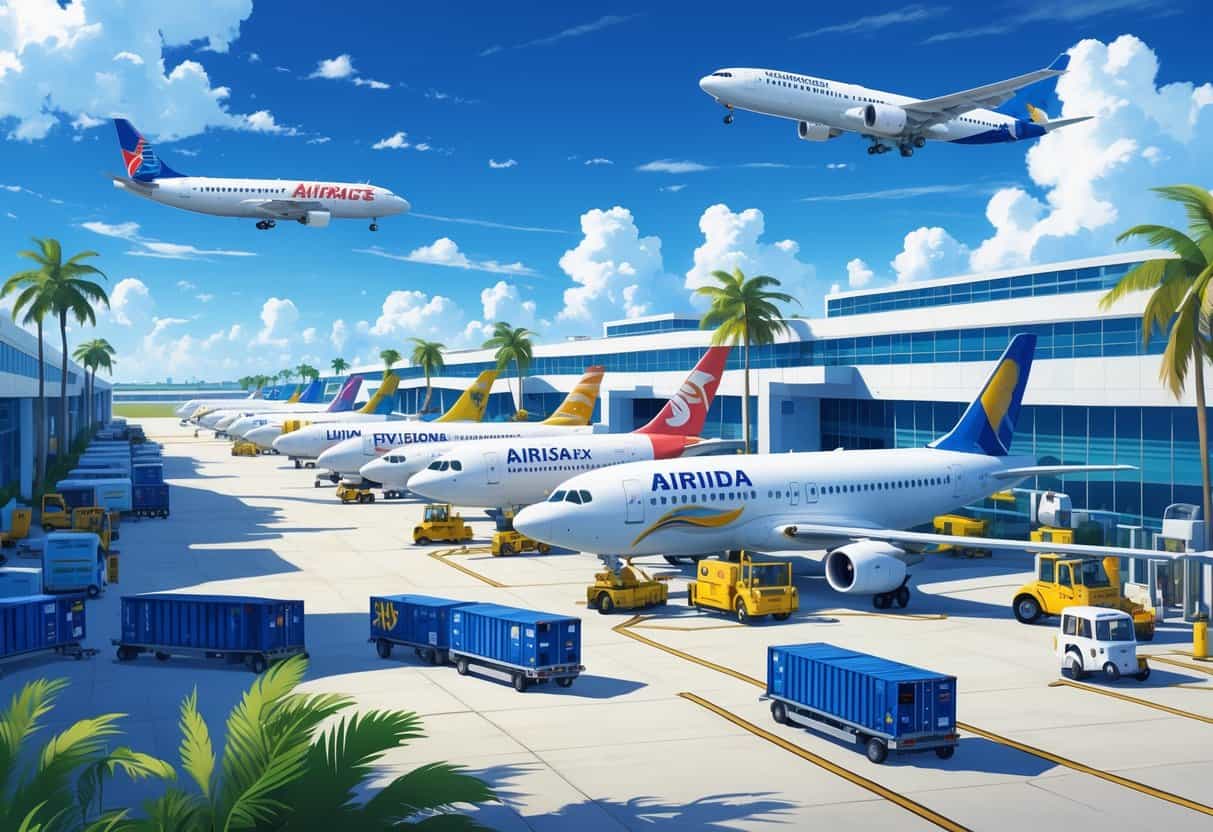 An airport terminal with multiple airplanes from major airlines parked at gates, surrounded by palm trees and a clear sky, showing activity at Coral Springs, Florida Airport.