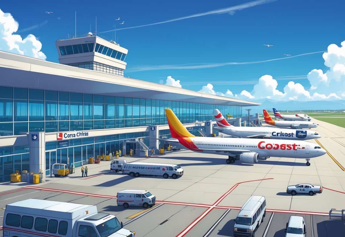 Airport terminal with airplanes from major airlines parked and taxiing, with coastal scenery in the background.