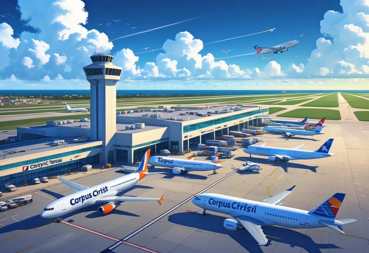 An airport terminal with several airplanes parked at gates, a control tower, and a plane taking off near the Texas coastline under a partly cloudy sky.