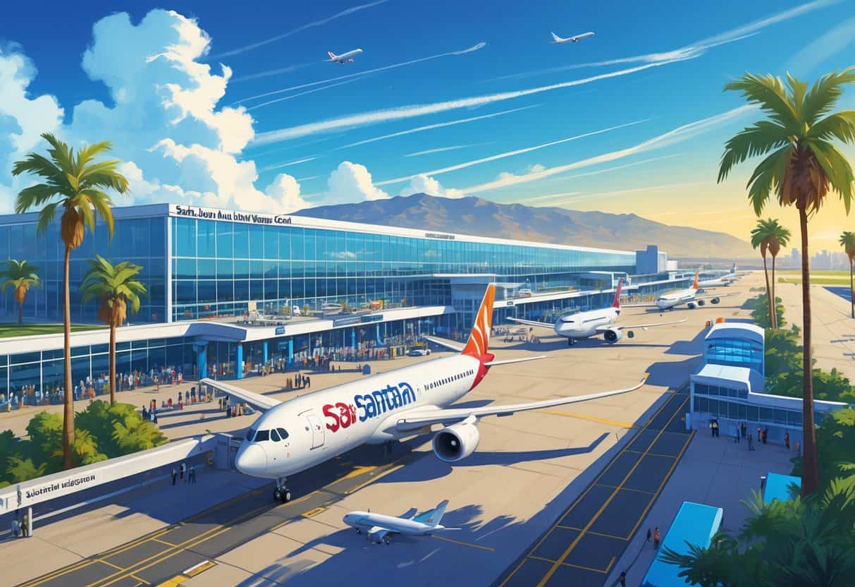 A busy airport scene with airplanes at gates and taxiing, a terminal building, palm trees, and mountains in the background under a clear blue sky.