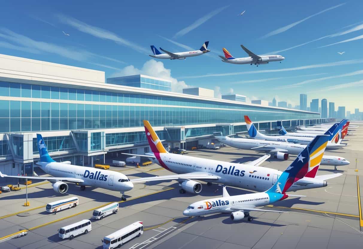 A busy airport runway and terminal in Dallas with several airplanes from major airlines parked and preparing for flights, with the city skyline in the background.