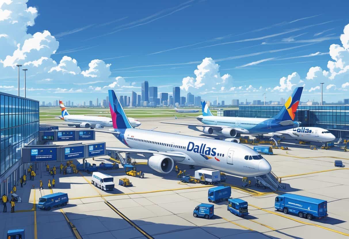 A busy airport scene in Dallas, Texas with airplanes parked at gates, passengers, and airport staff near a modern terminal building, with the city skyline in the background.