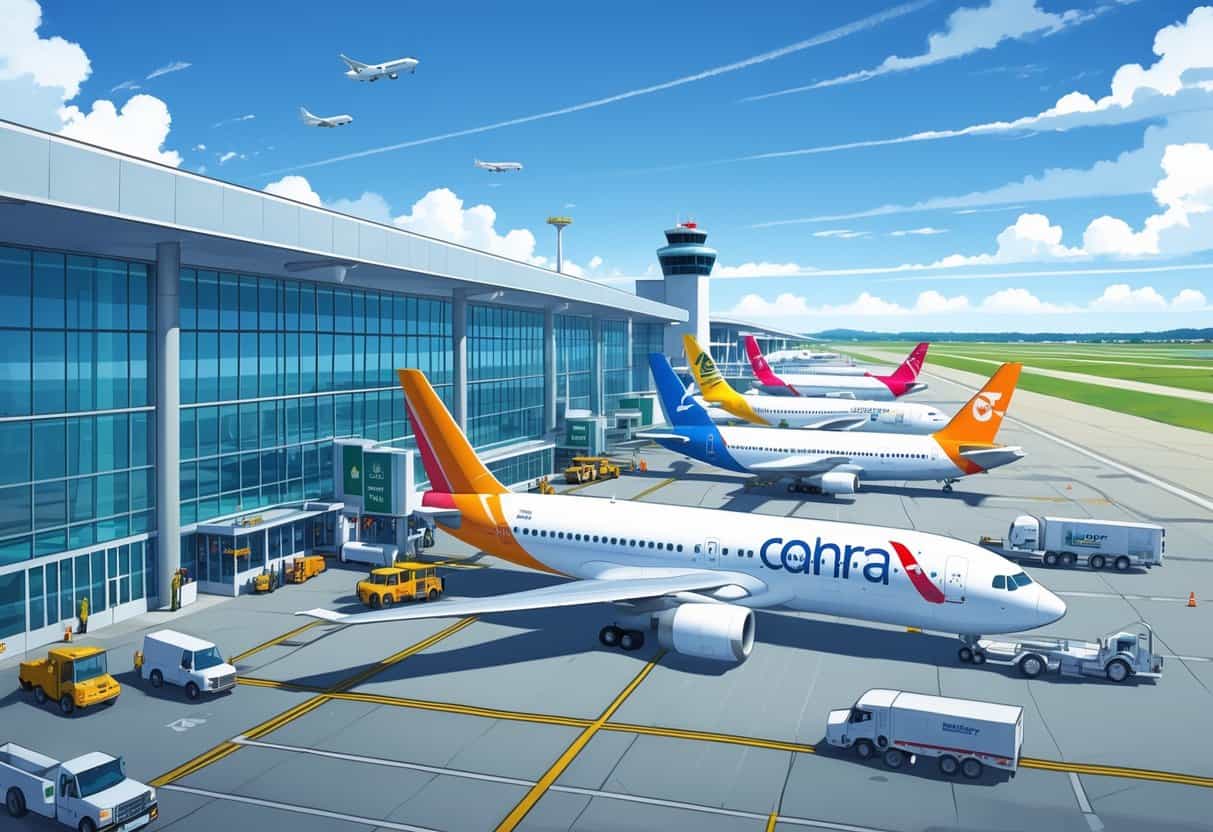 A busy airport scene at Dayton, Ohio with airplanes from various airlines parked at gates near a modern terminal building and a control tower in the background.
