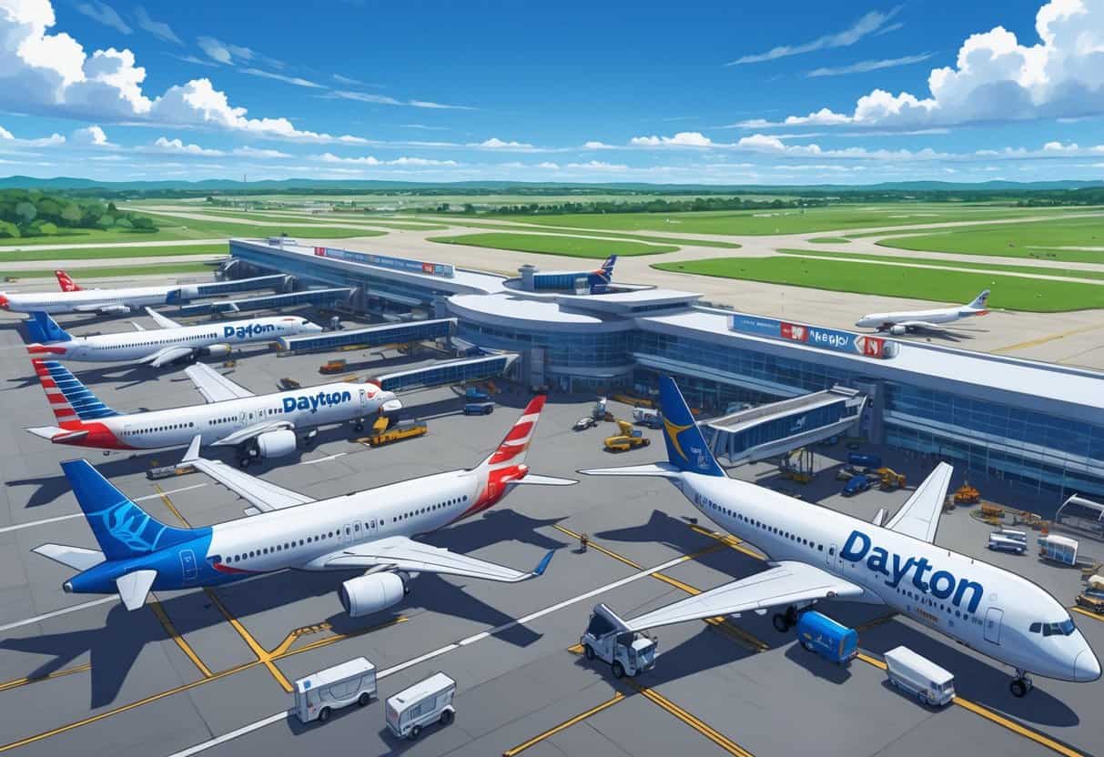 Dayton International Airport with several airplanes from top airlines parked and taxiing near the terminal on a clear day.