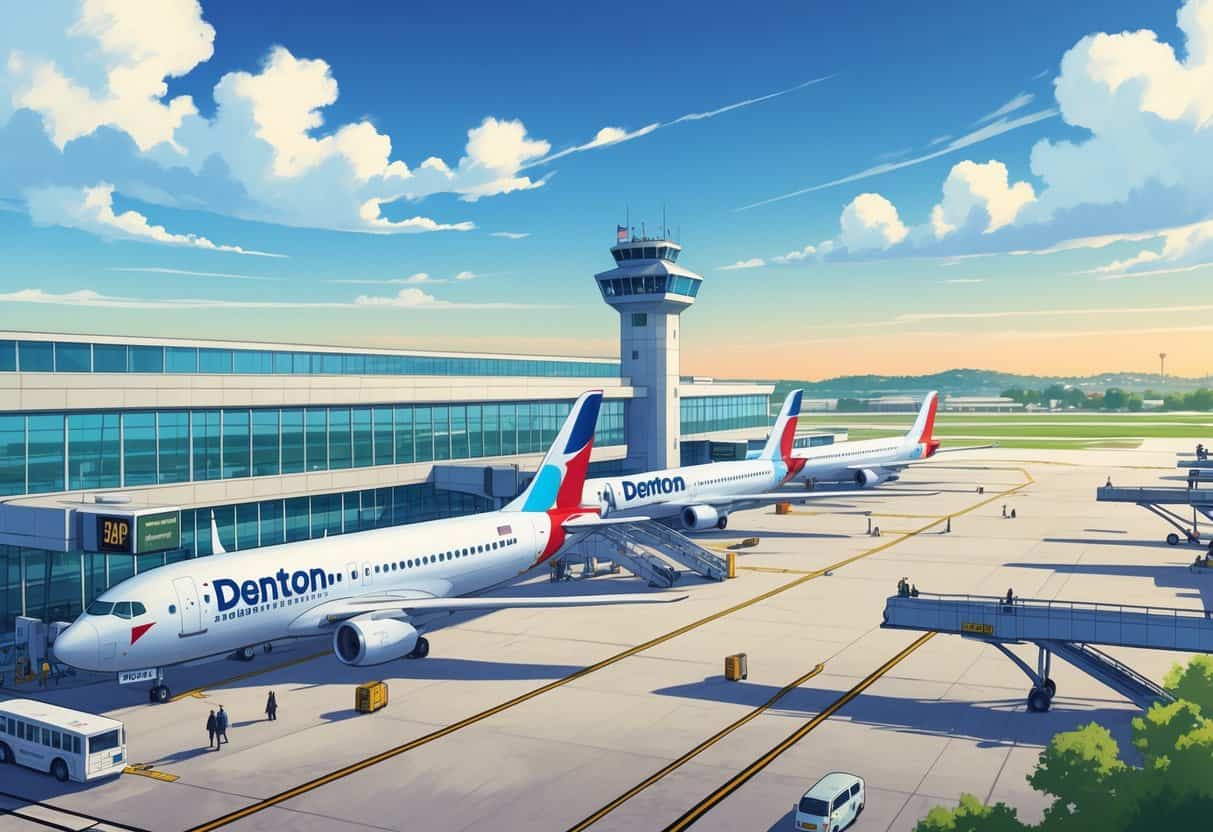 A busy airport scene at Denton, Texas with airplanes parked at gates, passengers boarding, a control tower, and a clear sky.