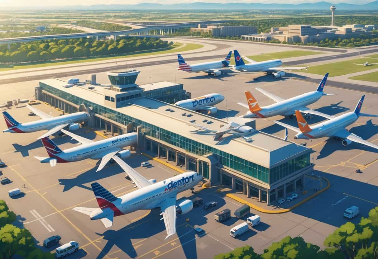 A daytime aerial view of Denton, Texas Airport with airplanes from various major airlines at the terminal and on runways surrounded by parts of the city and green areas.