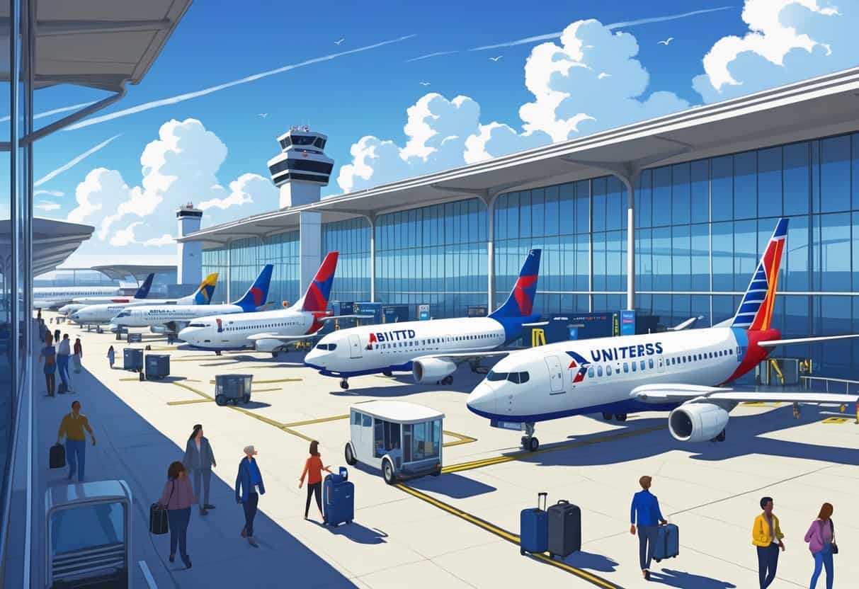 A busy airport terminal with several airplanes from major airlines parked at gates, passengers walking with luggage, and airport vehicles moving around under a clear sky.