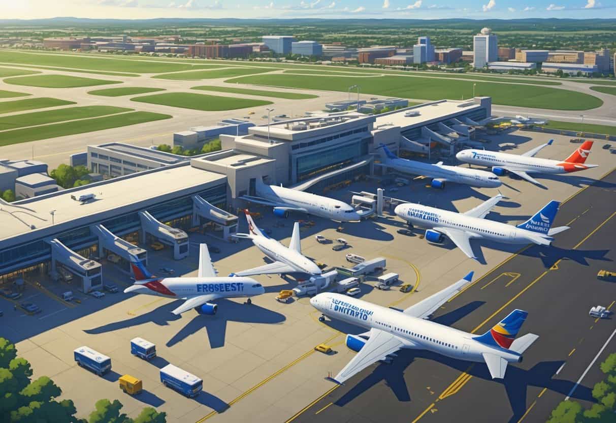 Aerial view of Des Moines Airport with airplanes from various airlines parked at gates and taxiing, surrounded by runways and nearby city buildings.