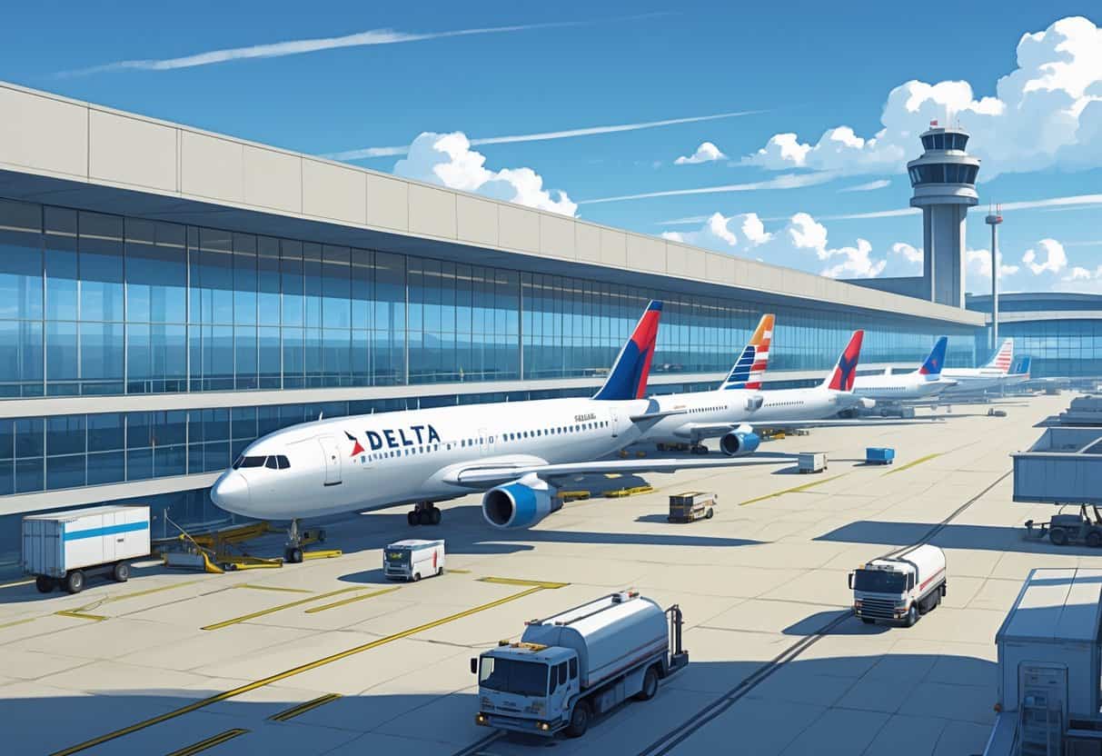 A busy airport terminal with several airplanes from major airlines parked at gates, ground service vehicles in operation, and an air traffic control tower in the background.