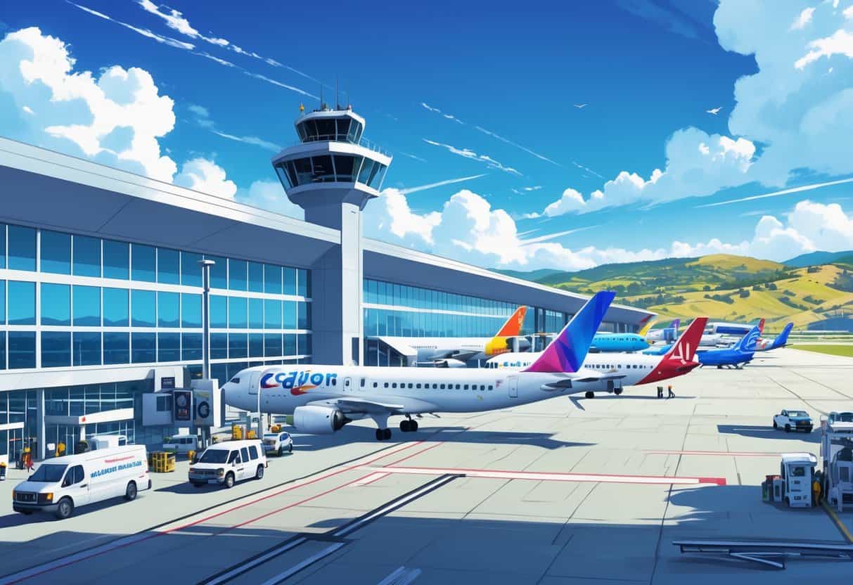 An airport scene with airplanes parked at gates, a terminal building, control tower, and hills in the background under a clear sky.