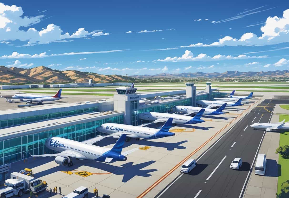 A daytime view of El Cajon Airport with airplanes parked at gates, a terminal building, runways, and surrounding hills and neighborhoods.