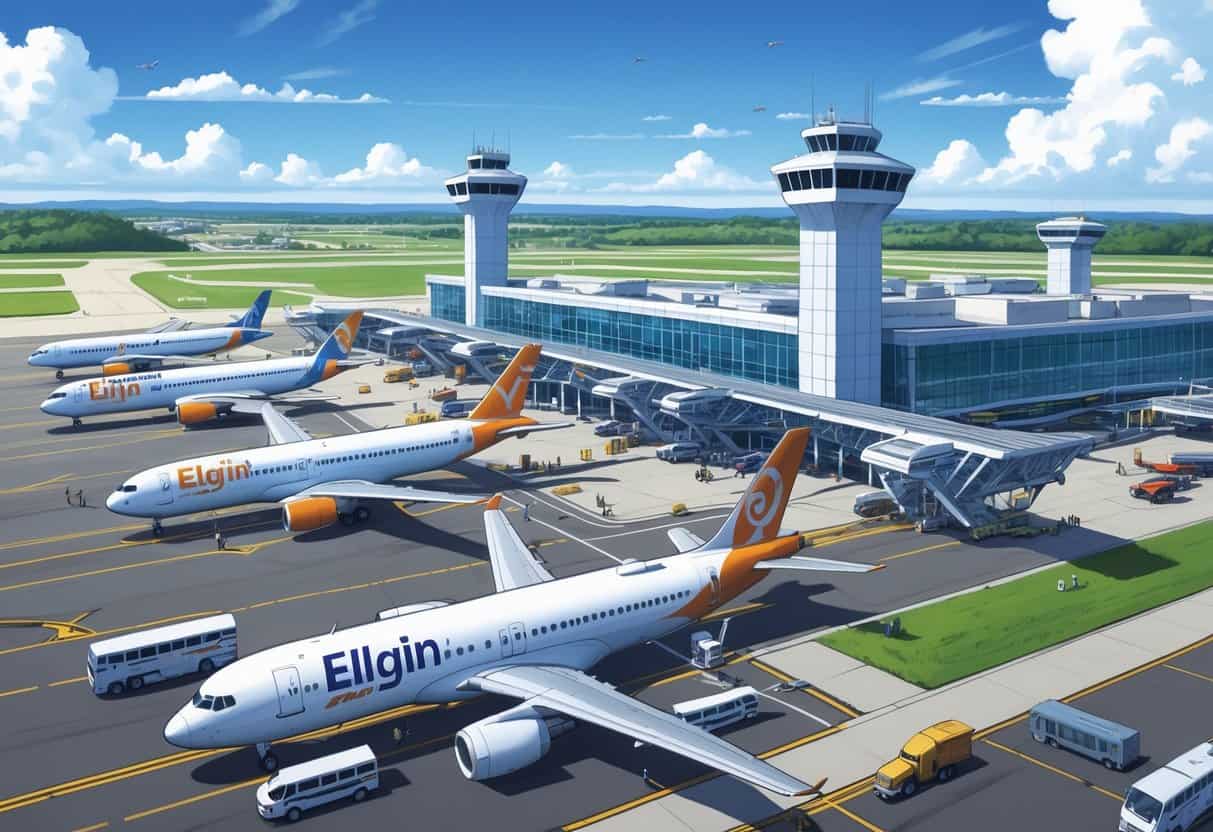 An airport terminal with multiple airplanes parked and taxiing, surrounded by airport buildings and green fields under a blue sky.