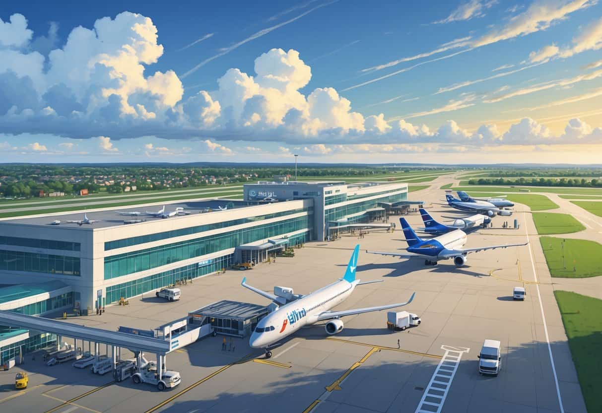 A busy regional airport with airplanes from various airlines parked and taxiing near a modern terminal, surrounded by a suburban landscape under a partly cloudy sky.