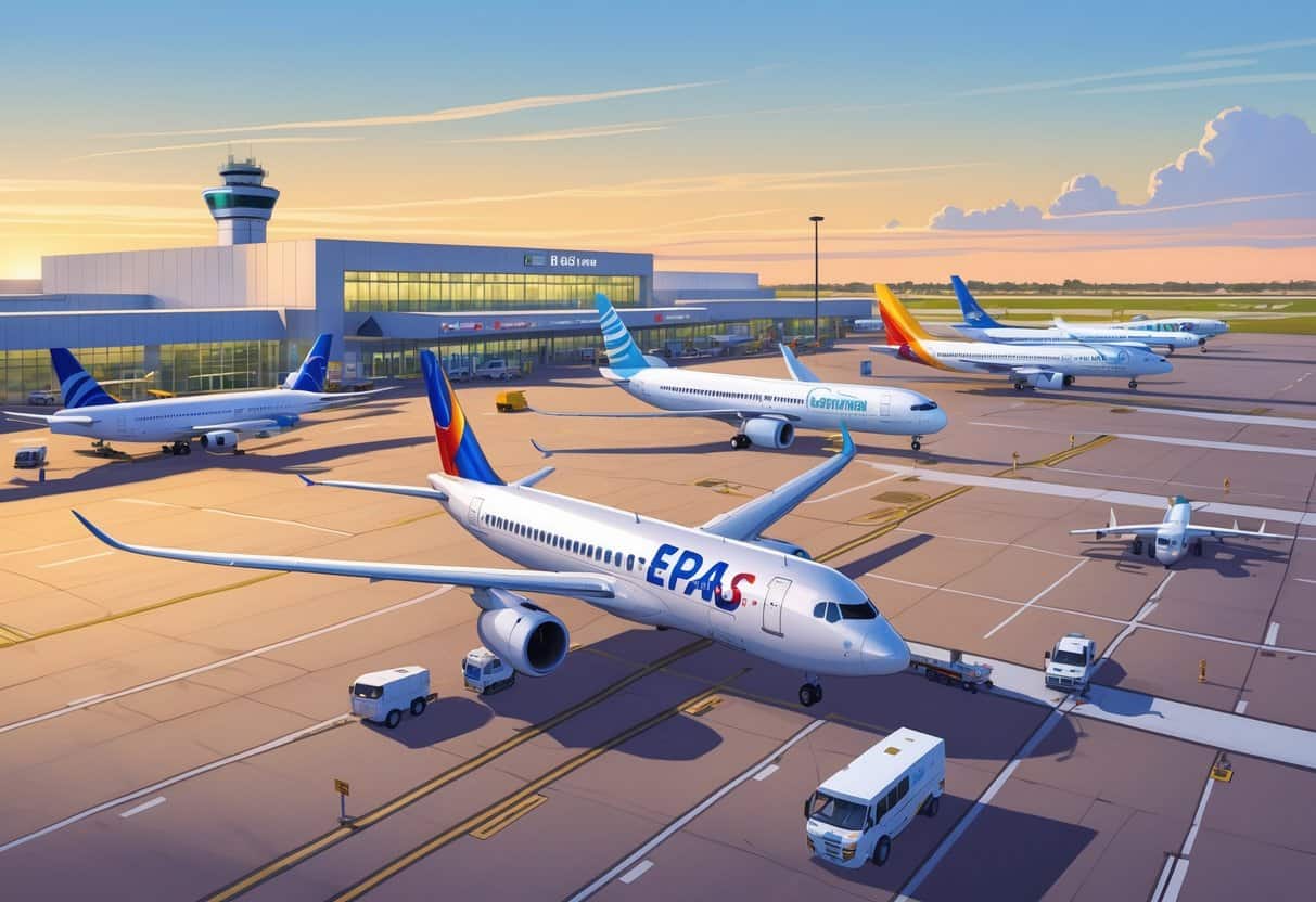 Airplanes from various airlines at El Paso Texas Airport with the terminal and runway under a clear sunset sky.