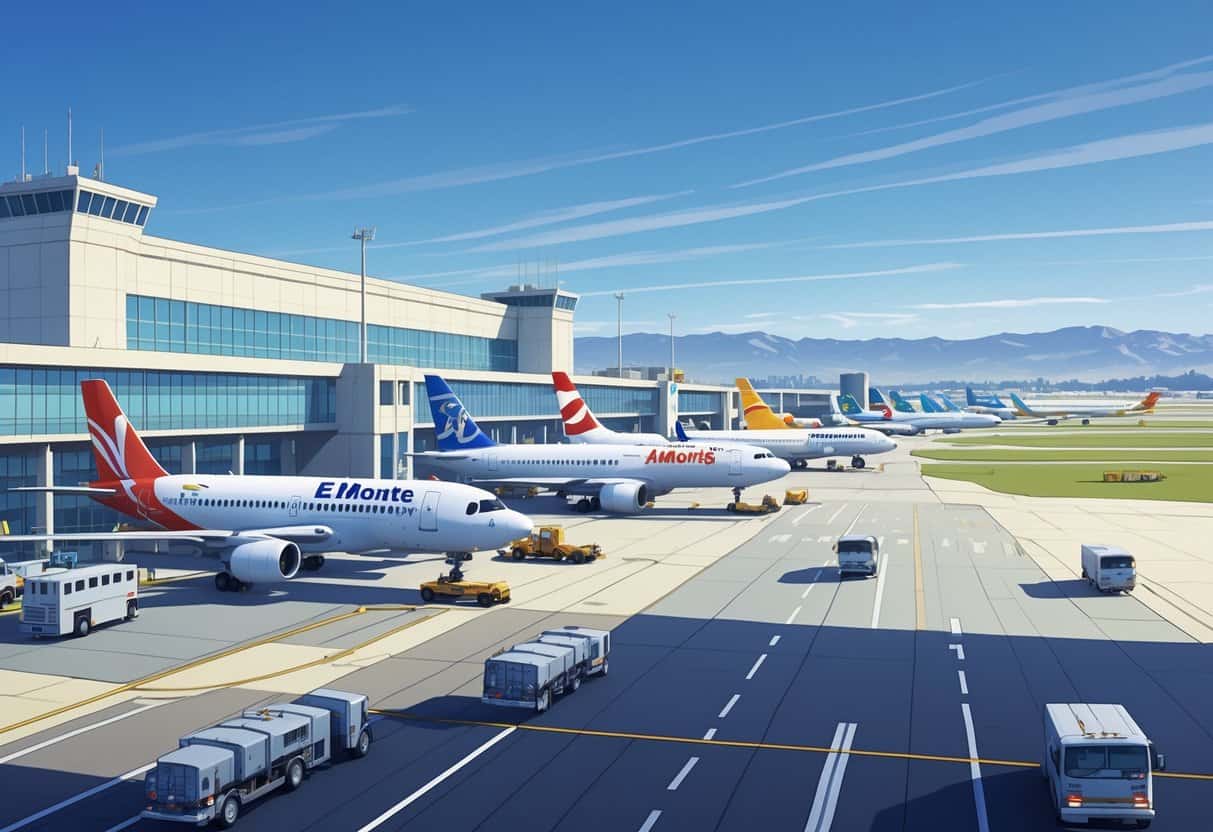A busy airport scene at El Monte, California, showing airplanes from various airlines parked and taxiing near a modern terminal with mountains in the background.