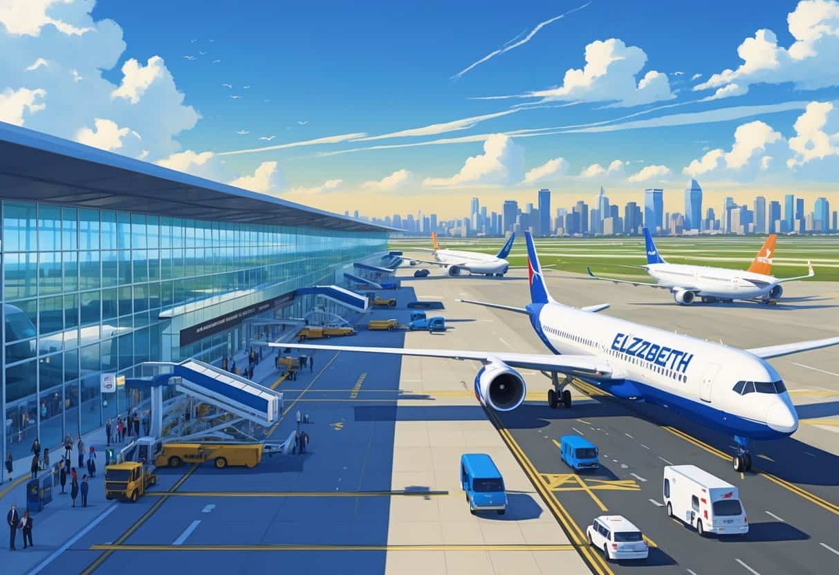 A busy airport terminal with airplanes from multiple airlines parked at gates and taxiing, with the city skyline of Elizabeth, New Jersey in the background.