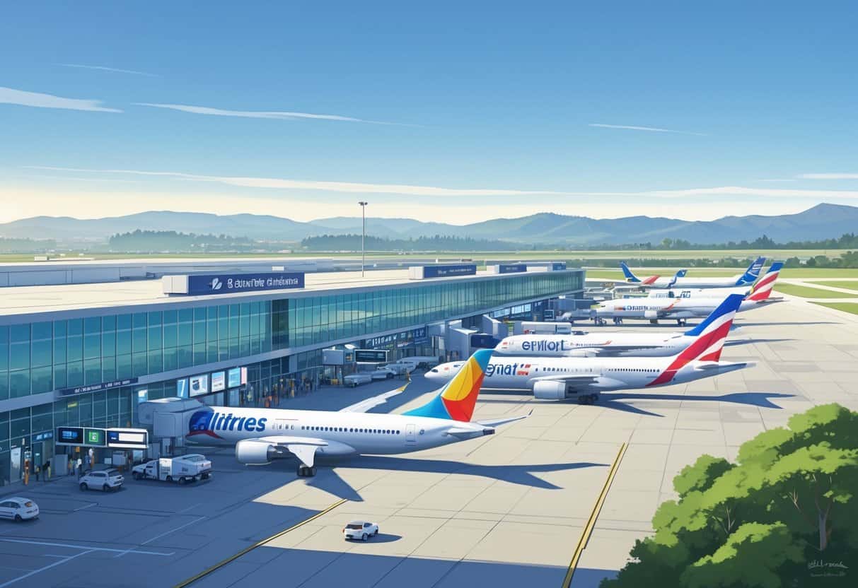 An airport scene showing multiple commercial airplanes at gates and taxiways outside a modern terminal building surrounded by green hills under a clear sky.