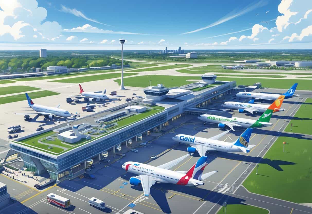 A detailed view of Elizabeth New Jersey Airport with airplanes from various airlines at gates and on runways, a control tower, and surrounding city buildings.