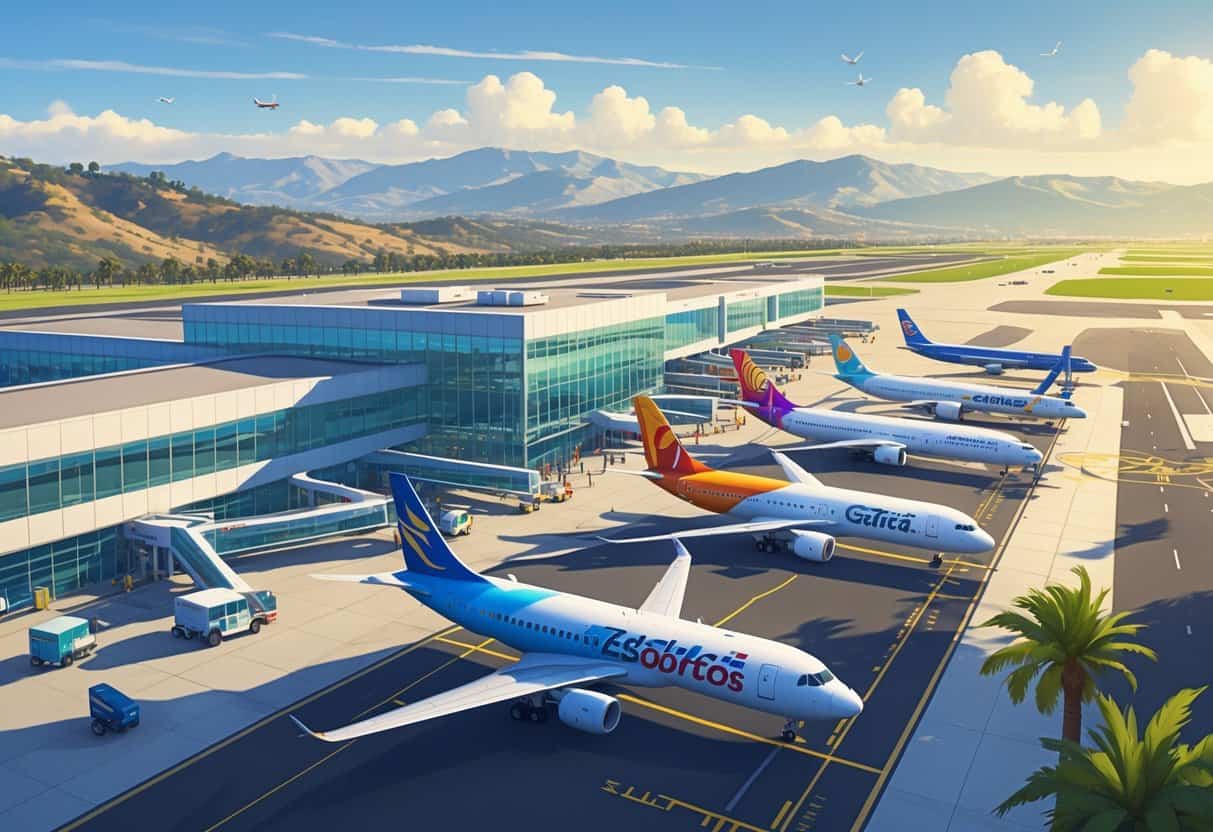 A busy regional airport in Escondido, California with airplanes from multiple airlines parked at the terminal and hills in the background.
