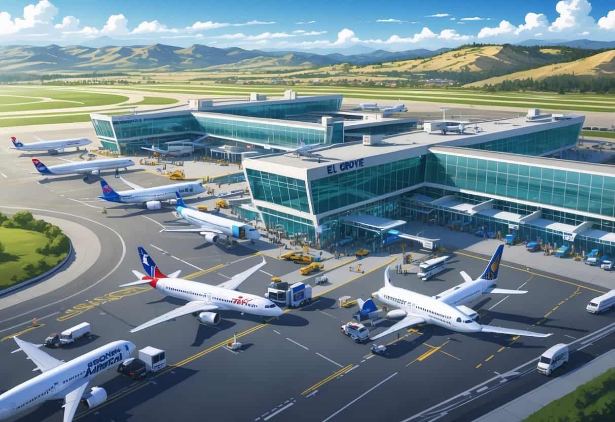 A busy regional airport with several commercial airplanes parked and taxiing, surrounded by hills and clear skies, showing airport activity and passengers.