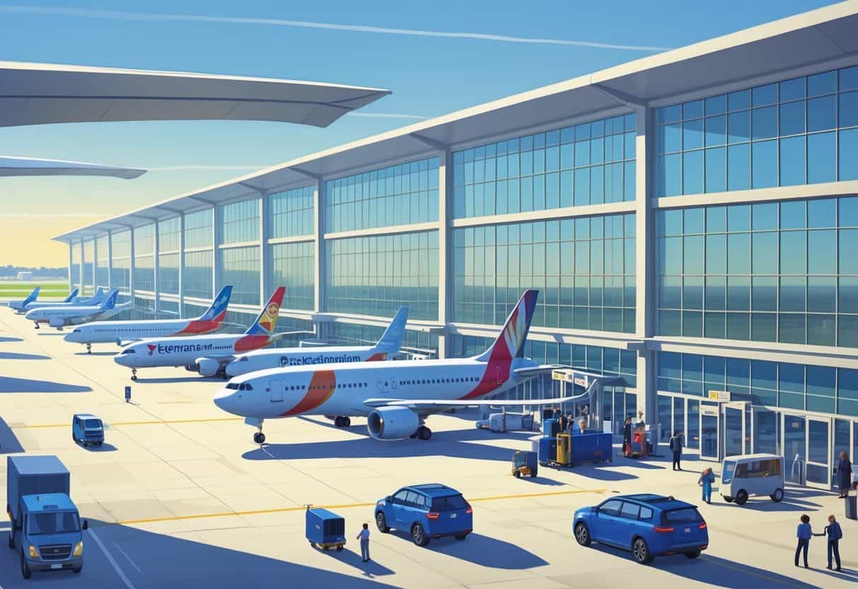 A busy airport terminal with airplanes parked at gates, airport staff assisting travelers, and passengers moving through the terminal during the day.