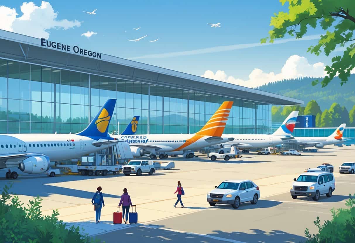 A busy airport terminal at Eugene Oregon Airport with airplanes from top airlines parked at gates, travelers walking with luggage, and green hills in the background.