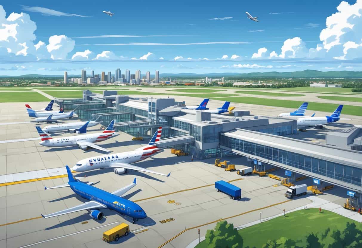 A busy regional airport with airplanes from major US airlines parked at gates, airport vehicles nearby, and a clear sky above.