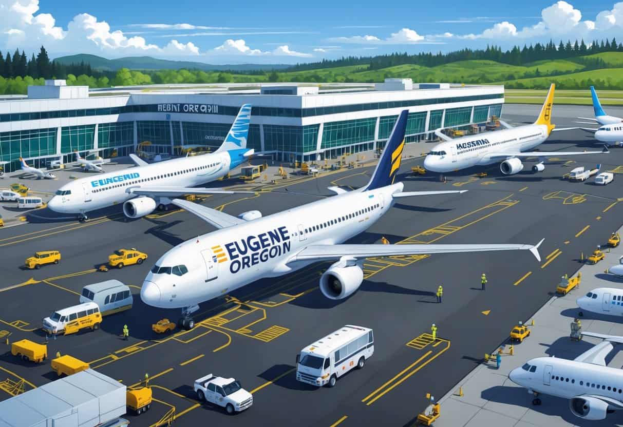 An airport scene showing several commercial airplanes from major airlines at Eugene Oregon Airport with terminals, ground staff, and vehicles in a green, natural setting.