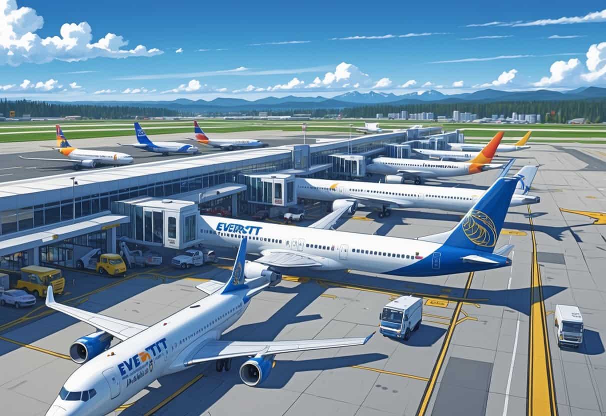 An airport scene showing several airplanes from different airlines parked at gates with ground vehicles and a mountainous background.