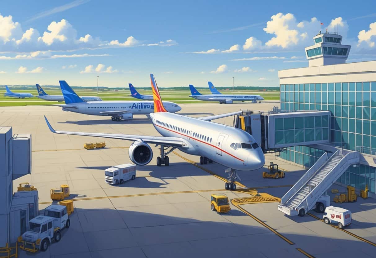 An airport scene showing airplanes parked near the terminal with ground vehicles and a control tower in the background during the day.