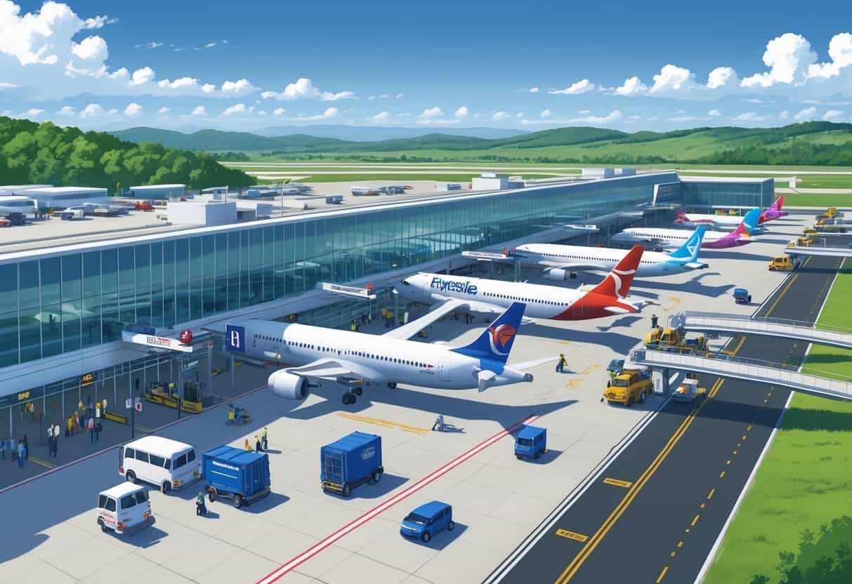 A busy Fayetteville Arkansas Airport with airplanes parked at gates, passengers walking, and airport vehicles moving around during the day.