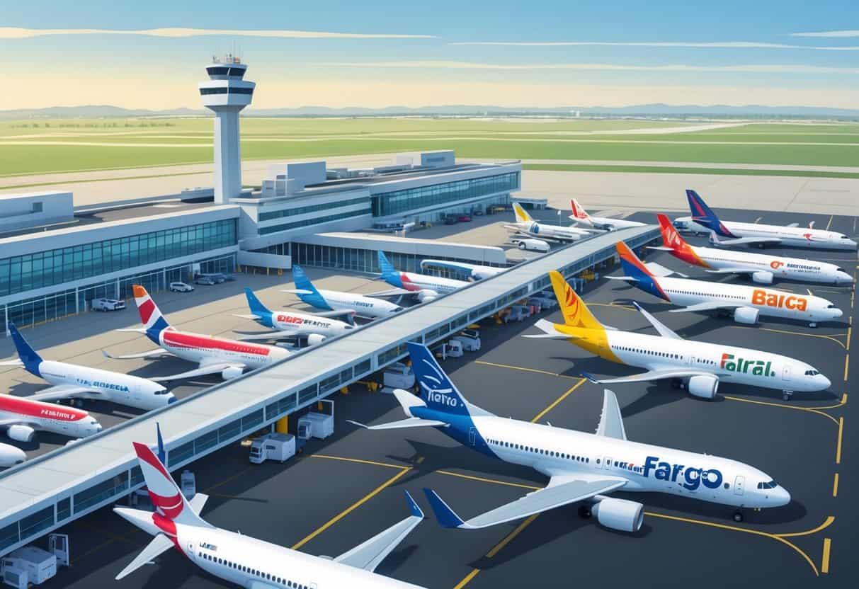 An airport terminal with several airplanes from different airlines parked at gates, with runways and a control tower in the background surrounded by flat plains.