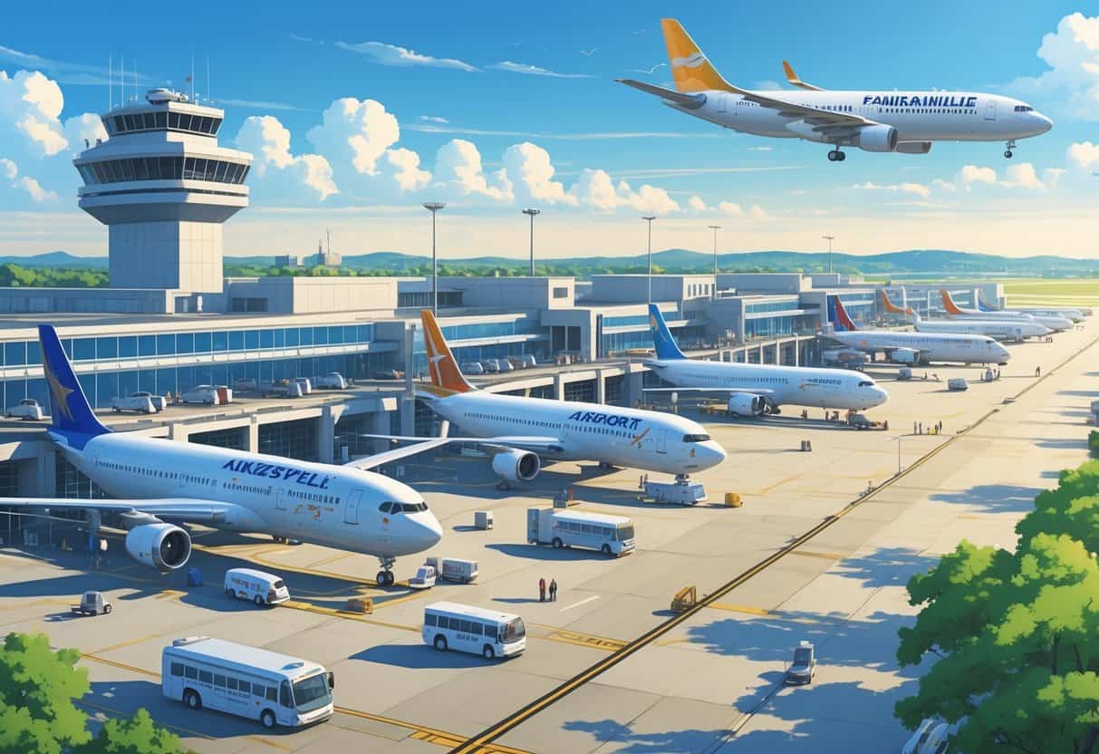 An airport terminal with airplanes from different major airlines parked at gates, passengers walking with luggage, and an airport control tower in the background.