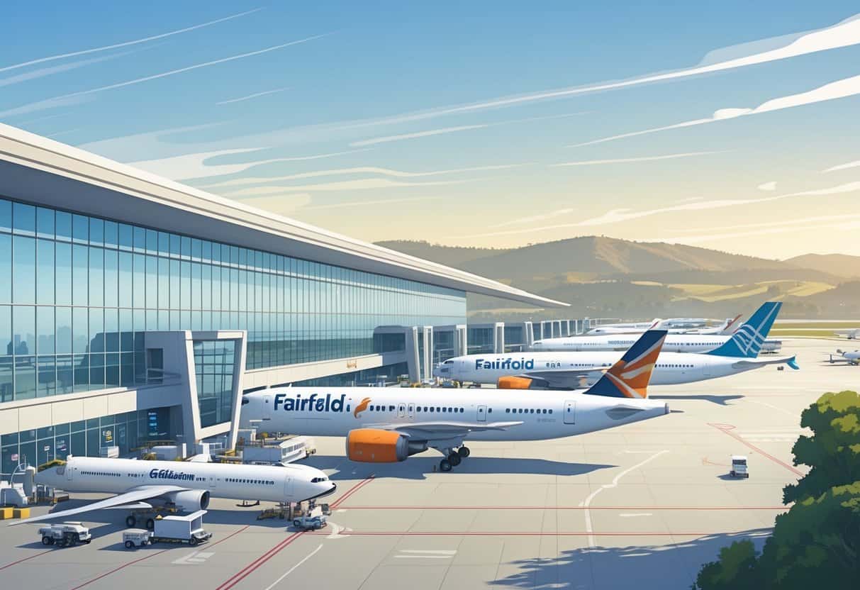 An airport terminal with airplanes parked at gates and airport staff working outside under a clear sky.