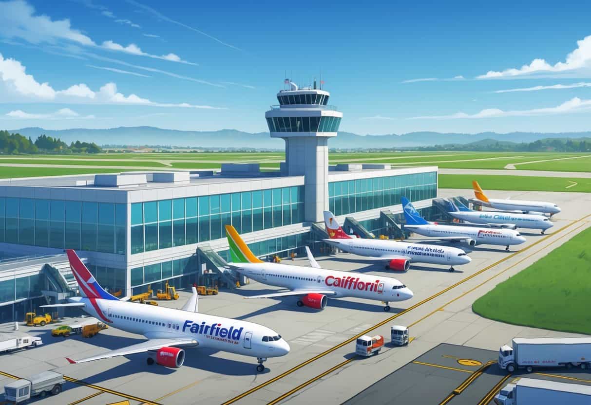 An airport terminal with airplanes from multiple airlines parked and taxiing, surrounded by green fields and hills under a clear sky.