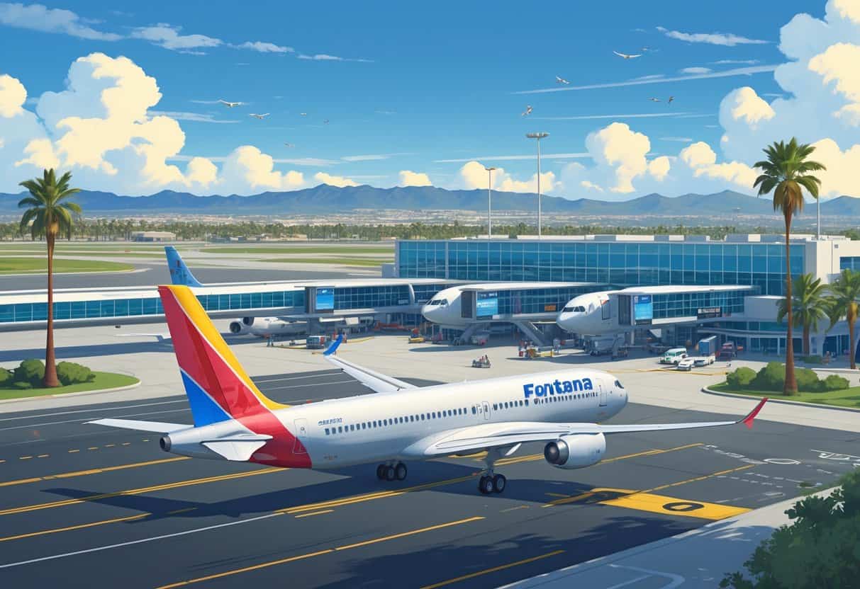 A busy airport scene with a passenger plane taxiing on the runway near a terminal building surrounded by palm trees and distant mountains.
