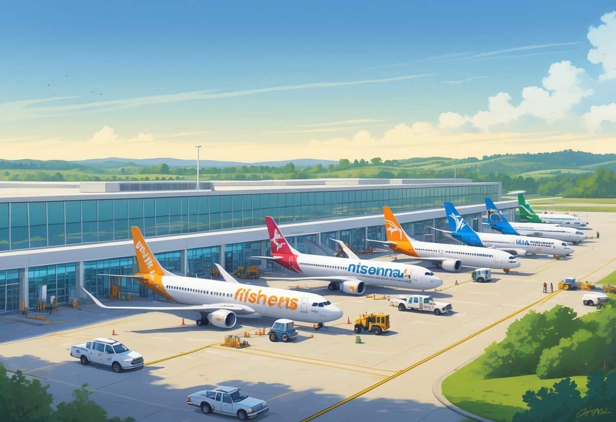 A small regional airport terminal with several airplanes from major airlines parked at gates, surrounded by airport staff and vehicles, set against a clear sky and green landscape.
