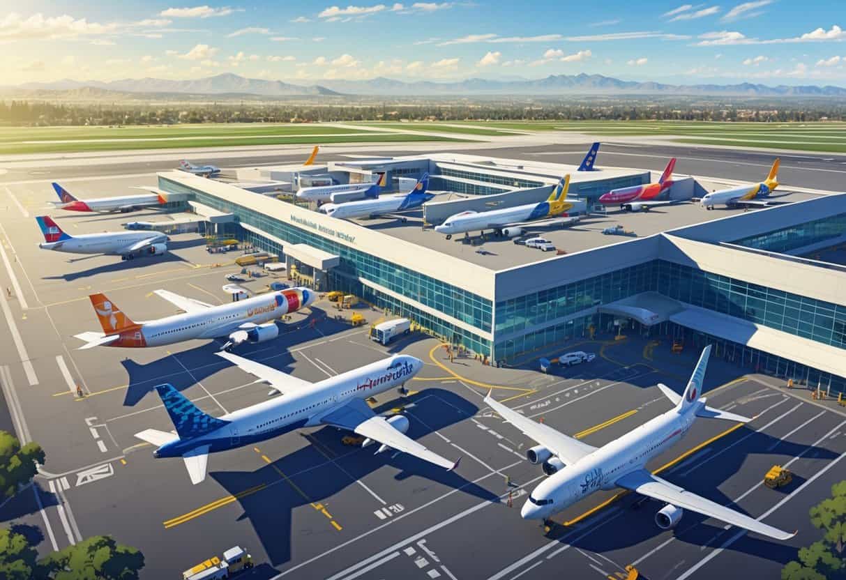 A busy regional airport with multiple airplanes from different airlines parked and taxiing near the terminal under clear skies and mountains in the background.