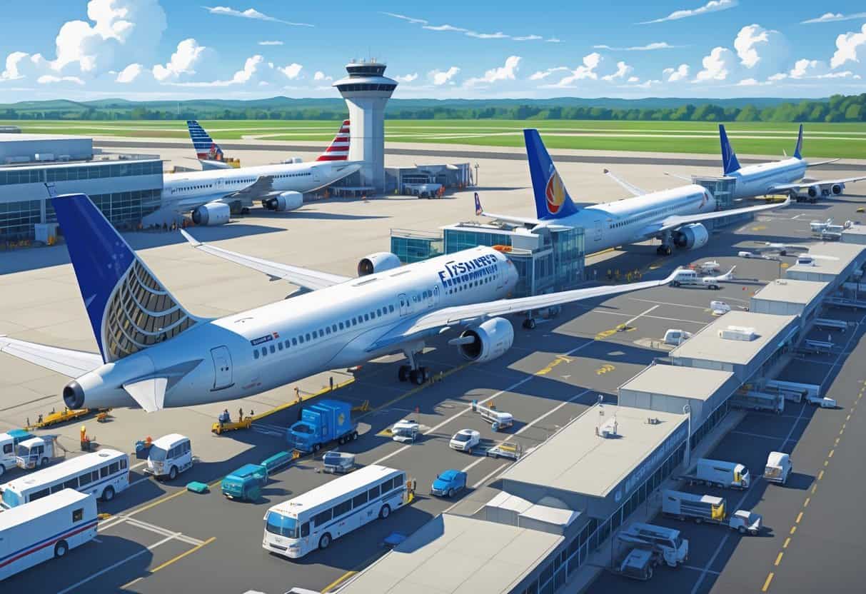 An airport terminal with airplanes from different airlines parked at gates, airport staff assisting passengers, and vehicles on the tarmac.